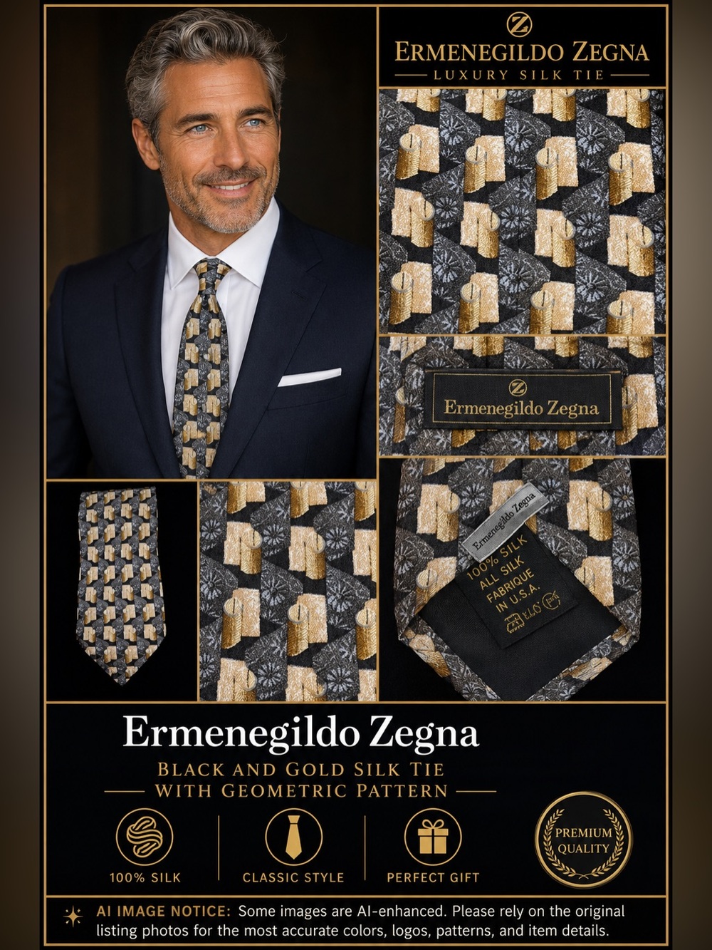 Ermenegildo Zegna Black and Gold Silk Tie with Geometric Pattern